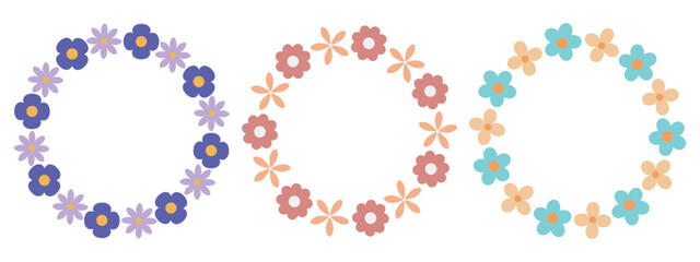 Cute collection of round floral wreaths in flat style, vector frames are perfect for spring and summer invitations, kids party decor, baby shower cards and fun seasonal designs.