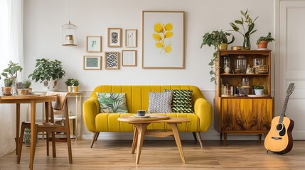Cozy dining room with yellow sofa wooden table poster frame guitar and plants Vintage style background with personal accessories Home decor template illustration