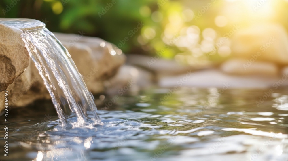 Aufkleber serene waterfall cascading over rocks into a tranquil pond, bathed in warm sunlight, creating a peac