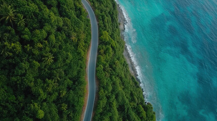 Aerial view of a winding coastal road through lush green tropical forest, alongside a vibrant turquoise ocean. : Generative AI