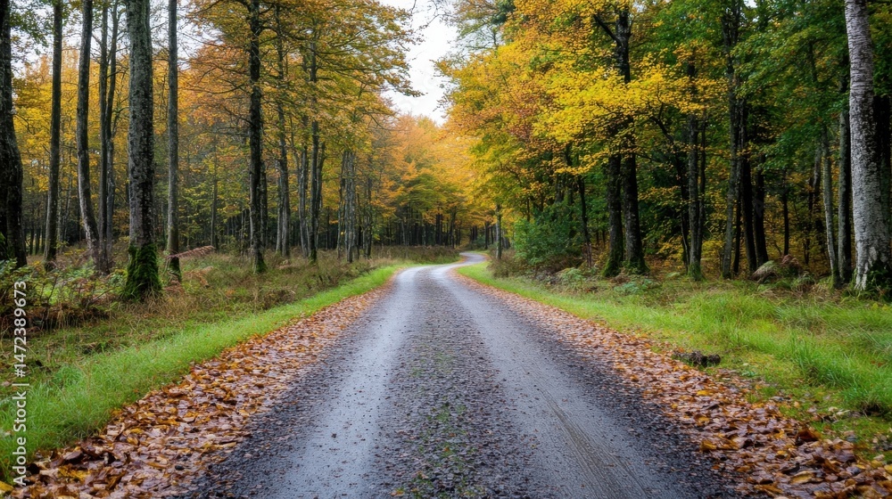 Poster autumnal forest road scene with golden leaves scattered along a curving gravel path, surrounded by t