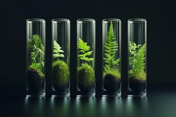 3D rendering, green plants in test tubes with water and moss on black background.