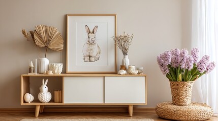 Easter living room with white sideboard hyacinth bunny figure dried flowers and accessories Home decor background with poster frame Interior design template illustration
