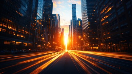 Glowing light streaks blur through urban city street lined by modern tall buildings du evening time lapse.
