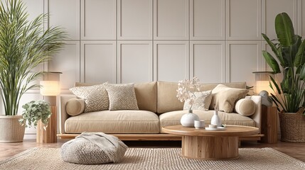 Elegant living room with wood table beige sofa modern decor Panel wall background 3D illustration with staging details Template for interior design