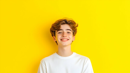 Happy teen boy smiles against vibrant yellow backdrop