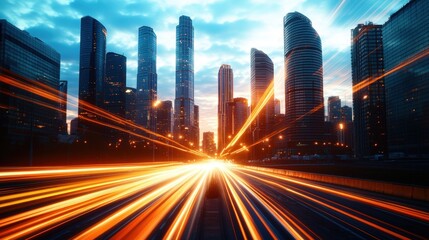 Fototapeta premium Fast moving light streaks in urban metropolis with skyscrapers under dramatic colorful sky at twilight hour.