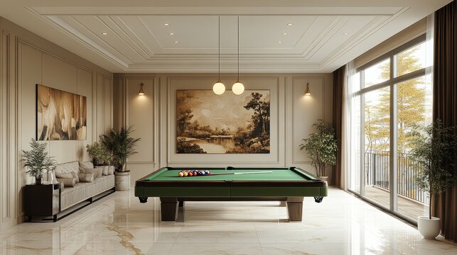 Billiard room with clean modern style, green pool table under pendant lights, neutral walls, and minimal decor creating a relaxed vibe