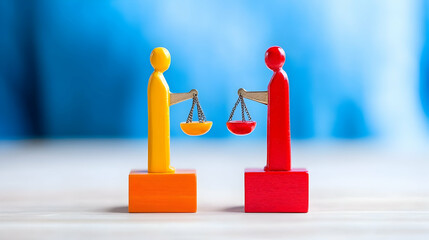 Two figures, one yellow, one red, each holding a scale pan of a balance scale, representing comparison or judgment