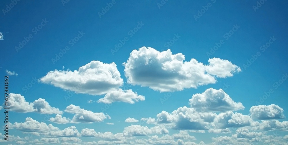Poster a vibrant blue sky canvas dotted with fluffy cumulus clouds, creating a serene and peaceful atmosphe