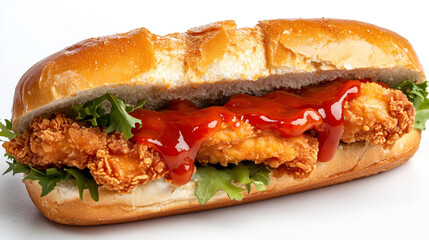 A fried chicken sub sandwich with ketchup and ranch dressing on a white background.