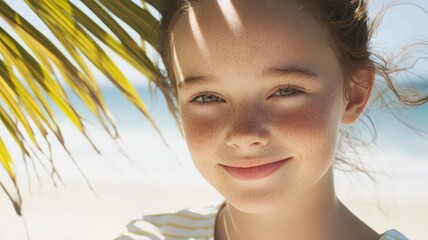 Portrait of a Freckled Girl Smiling on a Tropical Beach