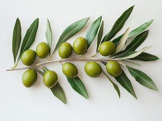 Fresh Green Olives on Branch with Leaves