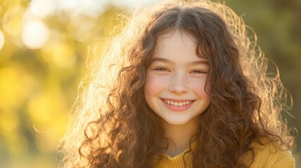 Portrait of a Happy Young Girl with Curly Brown Hair and Freckles in Golden Sunlight