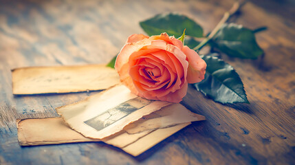 Single Rose and Vintage Postcards on Wooden Table in Warm Natural Light