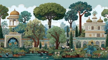 Mughal garden with palace arch temple and peacock Seamless pattern illustration of exotic landscape in classical style