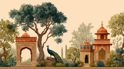 Mughal garden with palace arch temple and peacock Seamless pattern illustration of exotic landscape in classical style