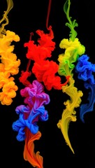 Abstract ink plumes in water on black background, transitioning from yellow to blue. Five swirling clouds form fluid, flower-like shapes, creating a vibrant, dynamic, and mesmerizing scene.

