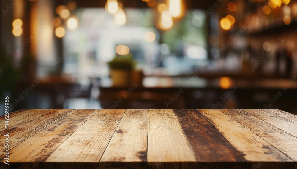 Poster rustic wooden table top with blurred cafe background, perfect for product placement or menu design. 