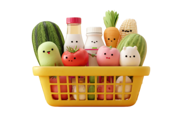Adorable cartoon vegetables and drinks in yellow shopping basket cute kawaii style grocery shopping healthy food on transparent background 3d fun milk