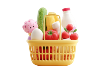 Yellow shopping basket filled with fresh groceries colorful vegetables milk eggs and corn 3d food diet farm lunch dairy on transparent background