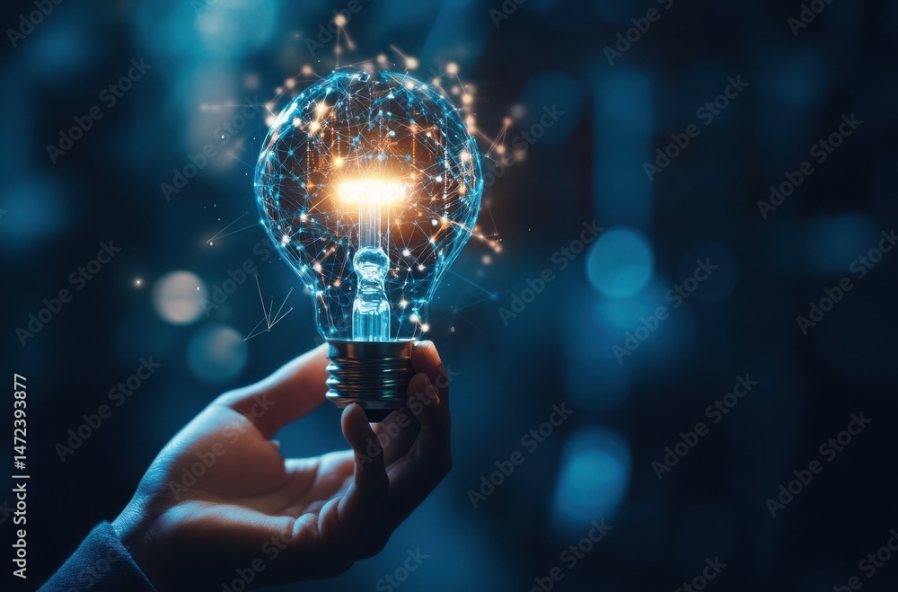 Poster a hand gently holds a glowing lightbulb, its intricate network of connections radiating brilliance, 