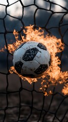Fiery soccer ball in net, dramatic flames engulfing it against a dark, stormy backdrop