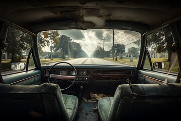 Fototapeta premium A vintage car interior, promising a nostalgic journey down an open road.