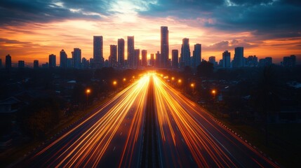Obraz premium Long exposure captures blurred headlights and taillights on highway approaching a city skyline at sunset.