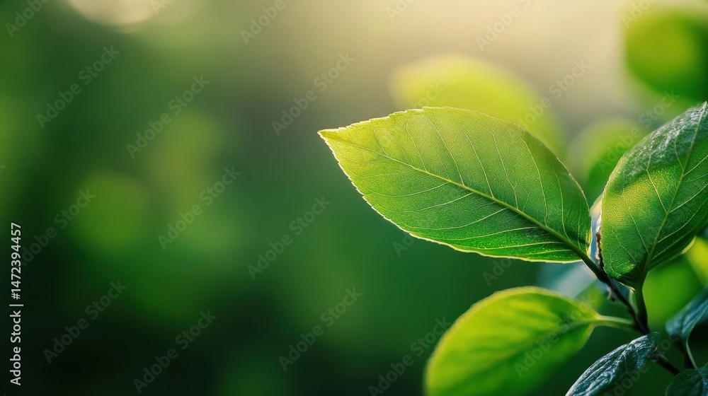 Poster close-up view of vibrant green leaves illuminated by sunlight, showcasing intricate leaf veins and a