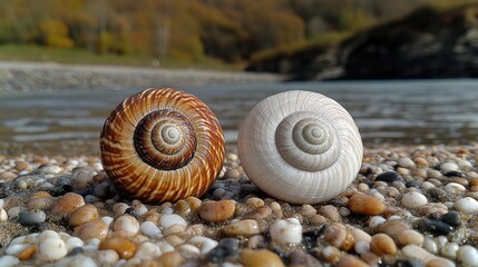 Two seashells on a pebbled beach.  Close-up view of their spiral patterns