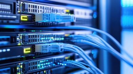 Close-up view of a server rack with multiple network cables connected, showcasing modern data center technology and high-speed internet infrastructure. : Generative AI