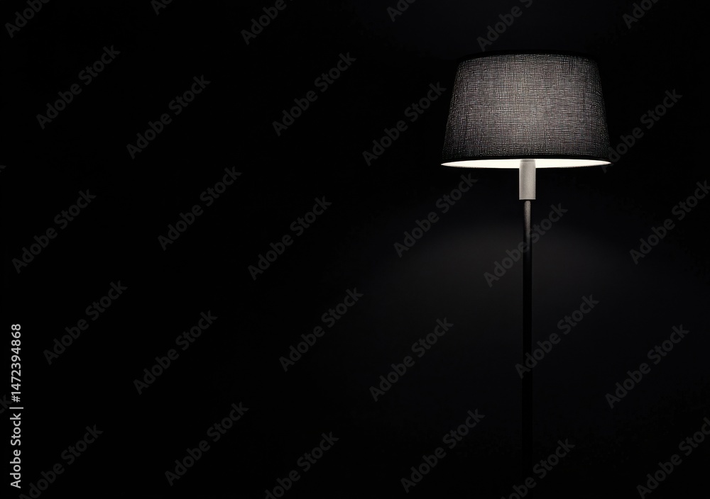Poster a single, modern floor lamp with a dark gray fabric shade illuminates a dark room, casting a soft gl