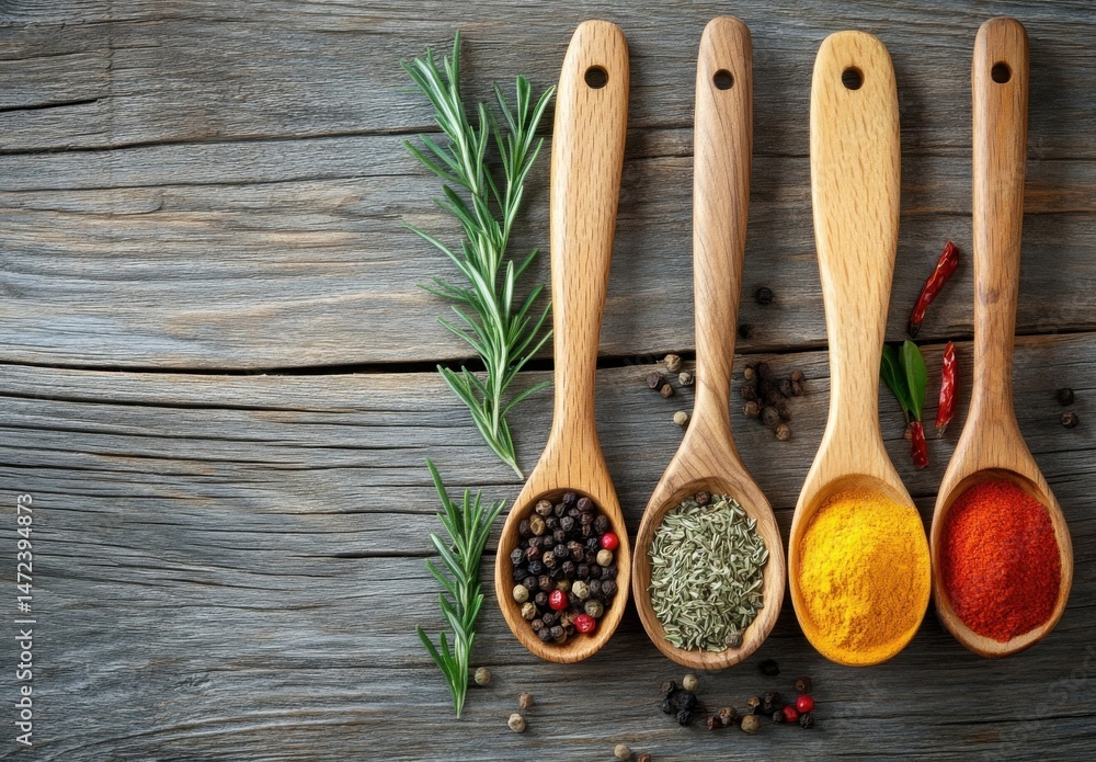 Poster four wooden spoons filled with assorted spices and herbs rest on a rustic wooden surface, a sprig of
