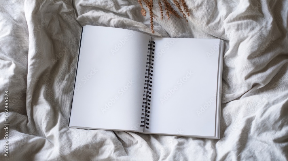 Fototapete Open spiral notebook with blank pages rests on a beige fabric, creating a minimalist and serene scene. : Generative AI