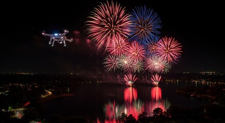 Fototapeta premium Drone Captures Fireworks Over Water, Reflecting Lights in Night