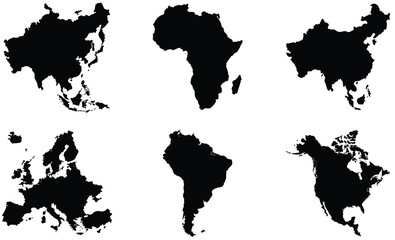 Obraz premium Maps of Asia, Africa, and America – Vector Set of Continents with Country Borders, Geographic Shapes, and Political Outlines for Educational, Infographic, and Travel Design Projects