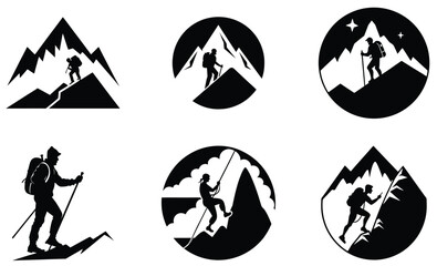 Fototapeta premium Hill Climbers Silhouette – Vector Illustration of Hikers, mountain, Trekkers, and Adventurers Ascending Mountains for Outdoor, Travel, Fitness, and Nature Exploration Design Projects
