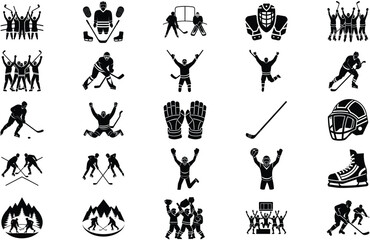25 Set Of Ice Hockey Playing Silhouette – Vector Illustration of Players in Action with Sticks, Puck, Skates, and Rink Elements for Sports, Athletic, and Winter Game Design Projects
