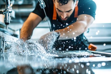 Male plumber in black shirt working on a sink, water splashing around, showcasing plumbing skills and expertise in a modern kitchen environment with bright lighting