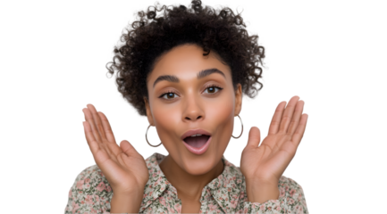 Astonished young woman with curly hair showing surprise and amazement in a close up portrait shot on transparent background face