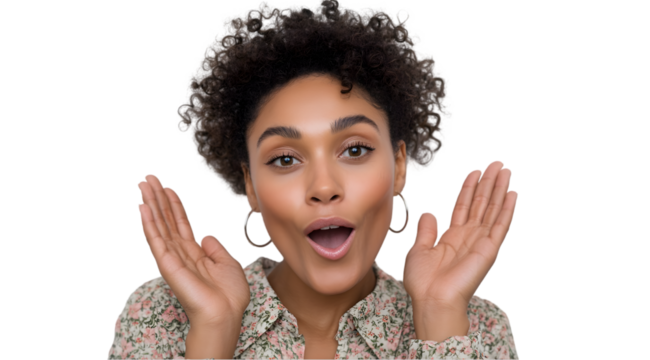 Astonished young woman with curly hair showing surprise and amazement in a close up portrait shot on transparent background face