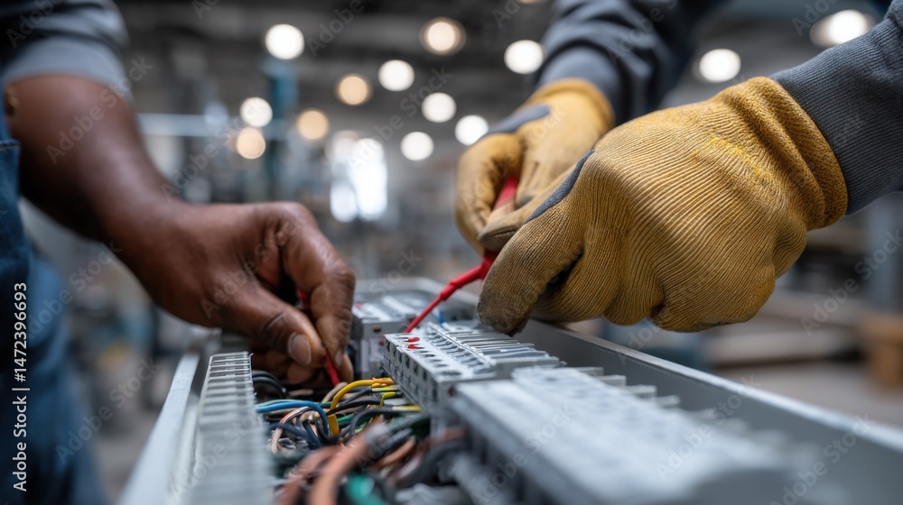 Poster close-up of two electricians' hands meticulously connecting wires to a terminal block in an industri