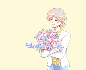 花束を持つ年配の母親　文字