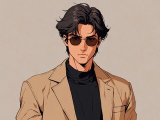 Fototapeta premium Stylish anime man with dark wavy hair wearing sunglasses and a beige jacket, retro style