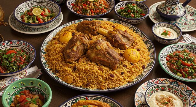 Middle Eastern food platter with rice and meat