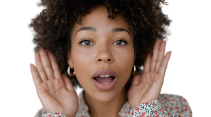 Closeup portrait of a young woman with curly hair listening intently with hands cupped around ears on transparent background face
