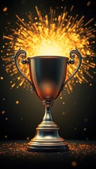 Digital artwork of a metallic trophy with intricate handles, textured surface, on sturdy base, against dark background. Golden light, sparks, and particles enhance dynamic, celebratory atmosphere.

