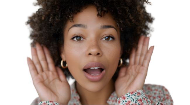 Closeup portrait of a young woman with curly hair listening intently with hands cupped around ears on transparent background face