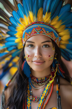 Retrato de mulher ind&iacute;gena com cocar azul e amarelo e pintura facial tradicional